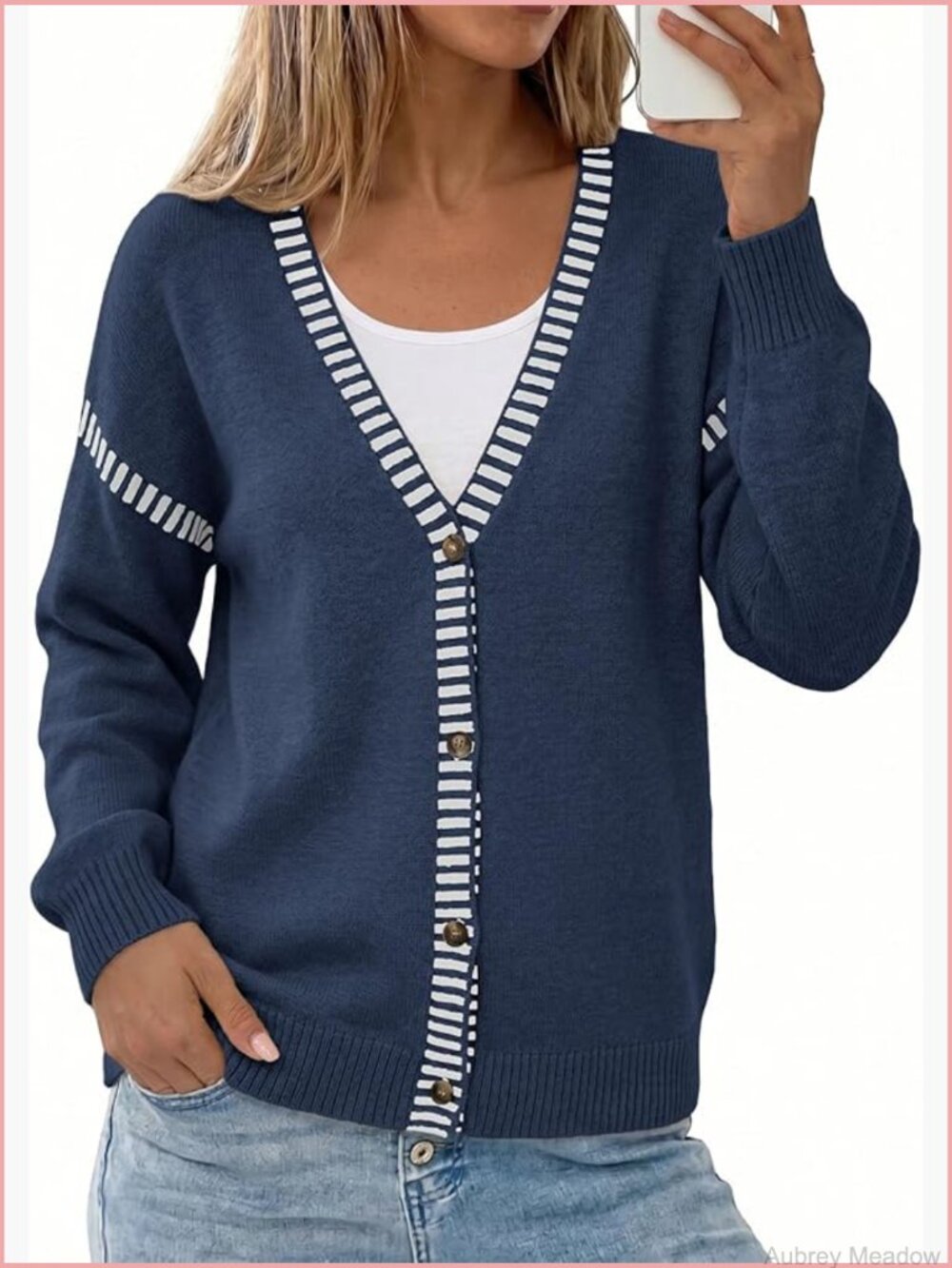 Oversized Cardigan Sweater with Button Front and Stripe Trim
